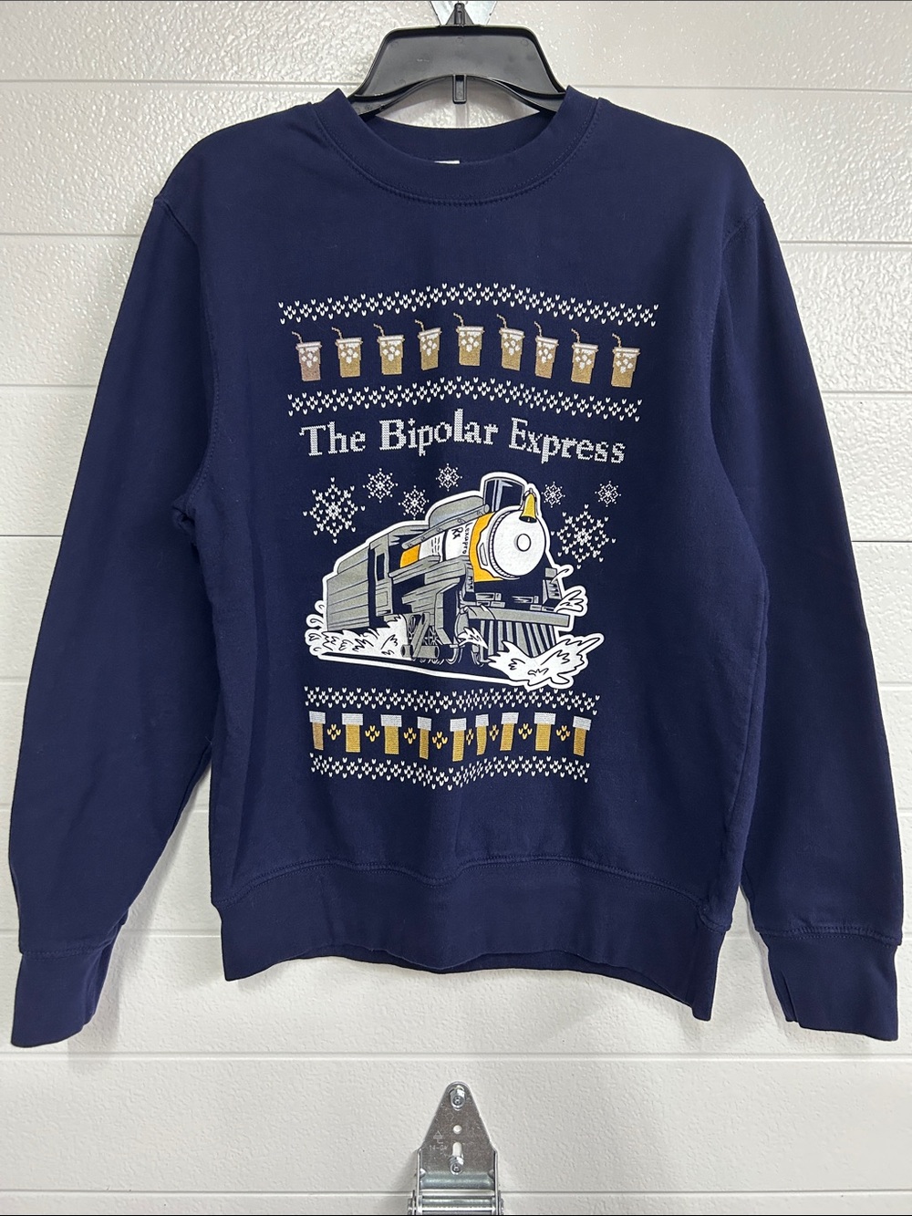 Navy Crewneck Sweatshirt with 'The Bipolar Express' Train Graphic